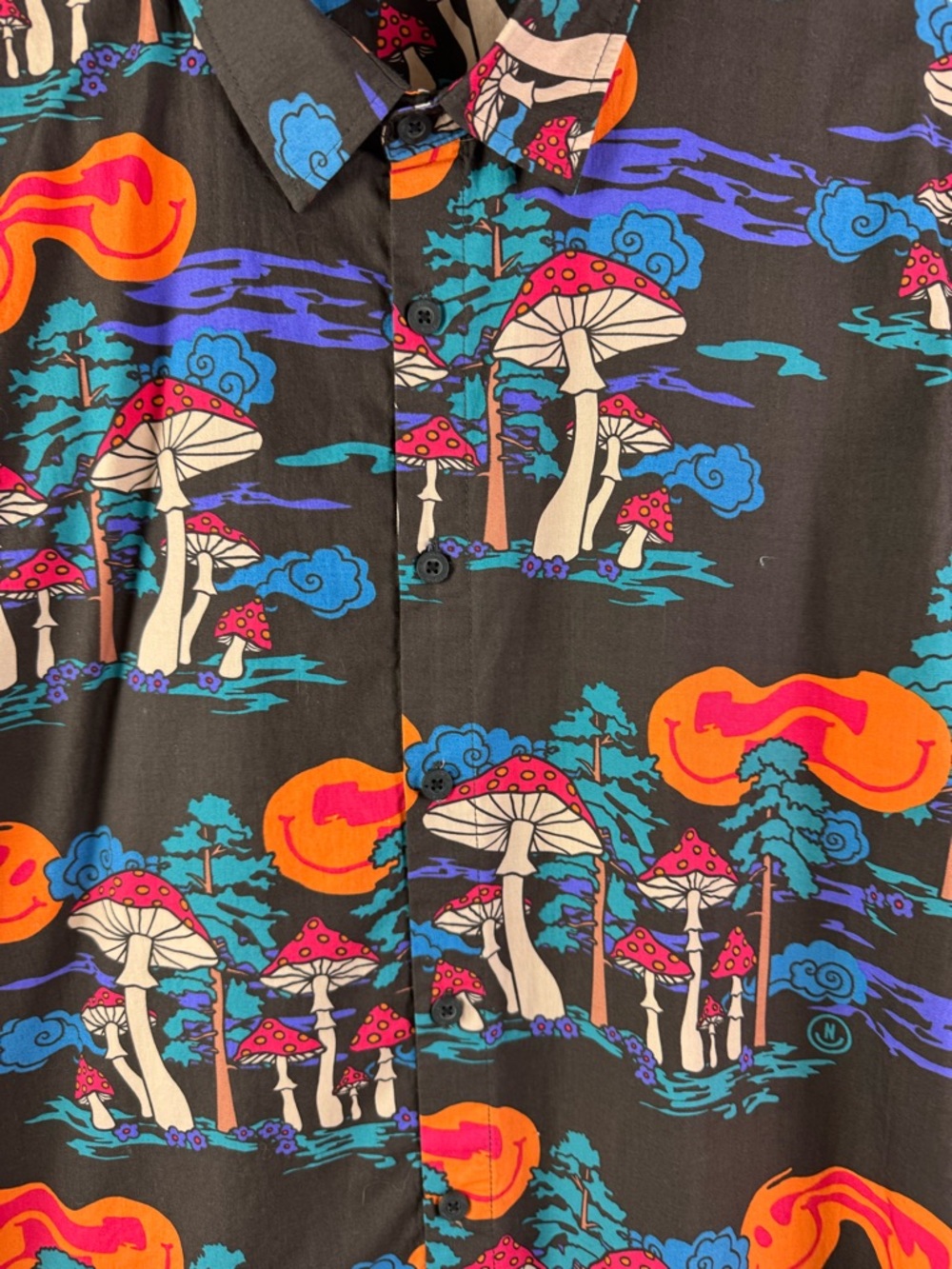 Neff Black Shirt with Teal, Orange & Pink Mushroom Print Groovy Large